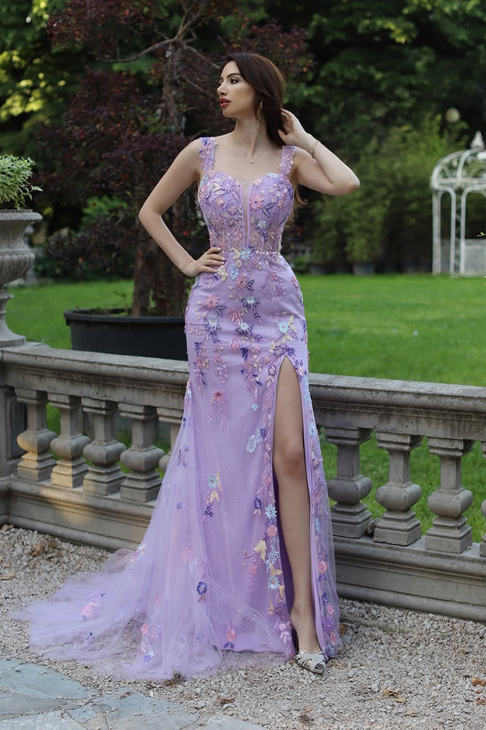 Mauve Mermaid Off the Shoulder Appliqued Long Corset Prom Dress With Slit
