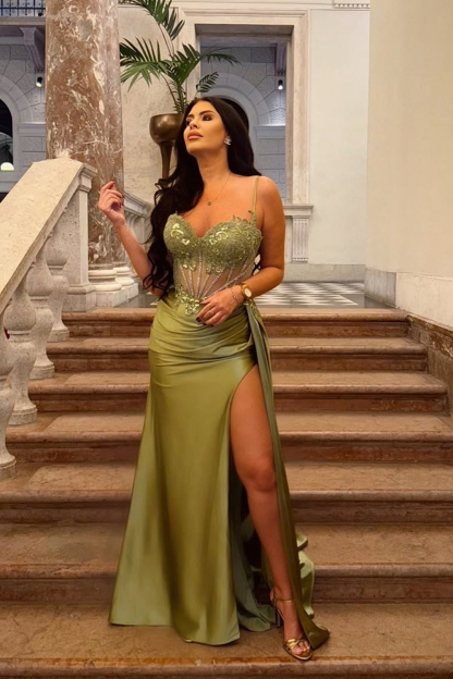 Corset Green Applique Mermaid Satin Side Cape Prom Dress with Slit