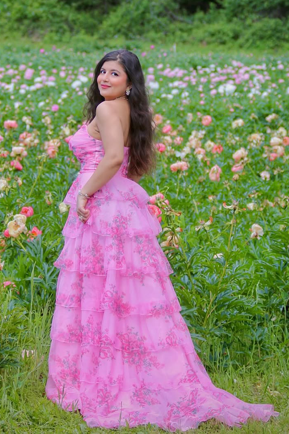 Maxi Blush Corset Tiered A-Line Floral Prom Dress with Slit