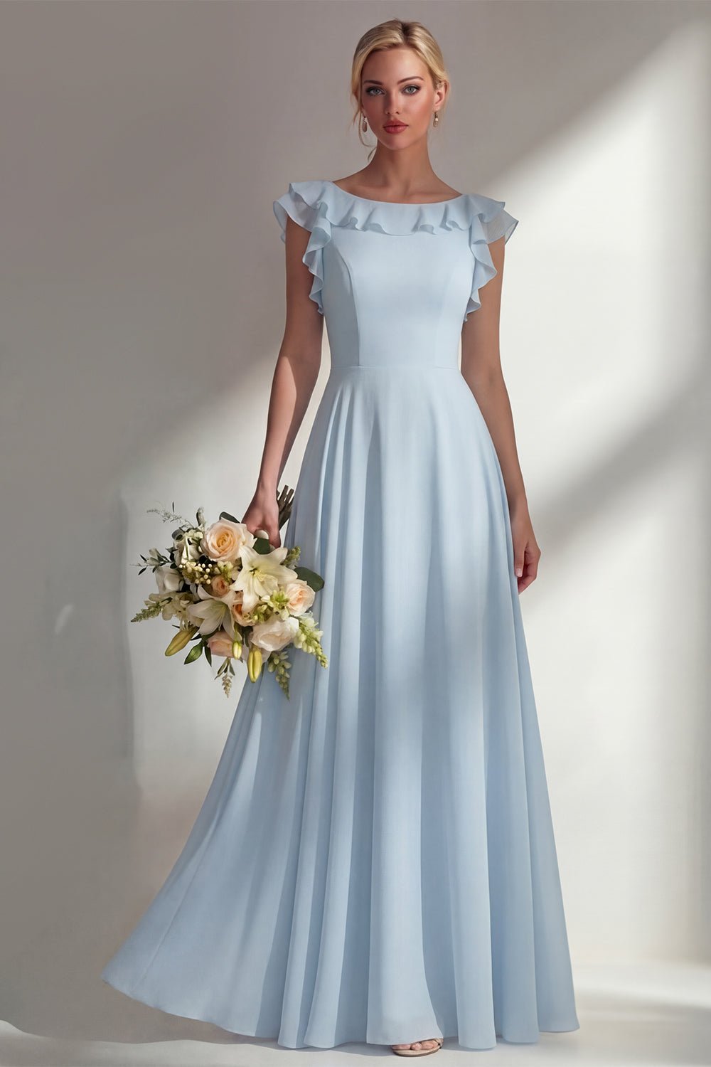 A Line Round Neck Ruffled Dusty Blue Long Bridesmaid Dress
