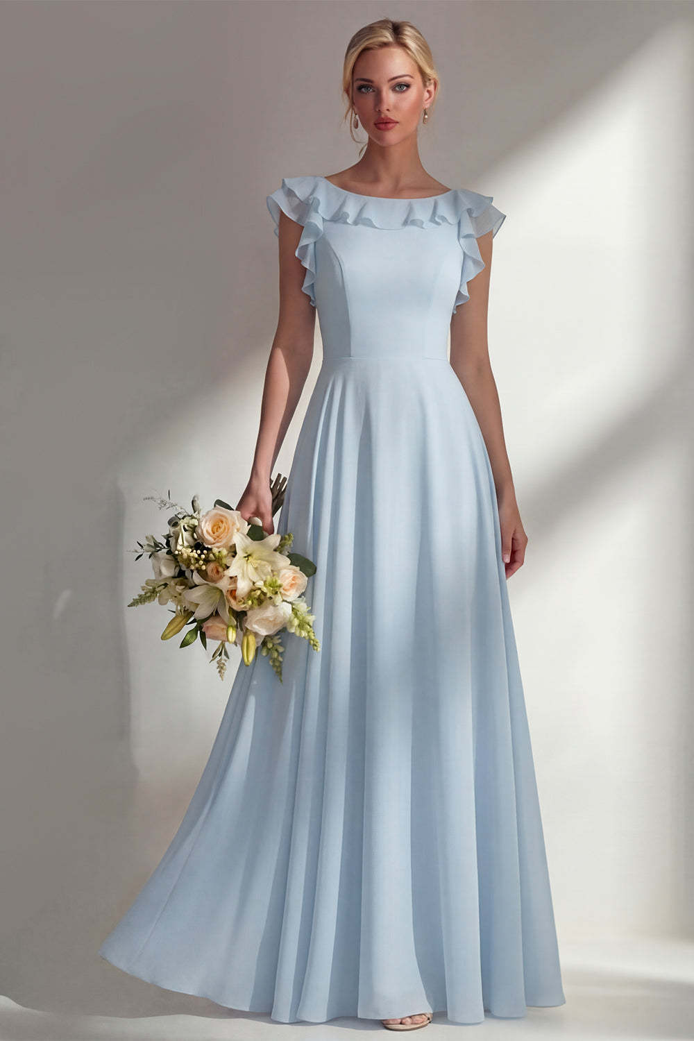 A Line Round Neck Ruffled Dusty Blue Long Bridesmaid Dress