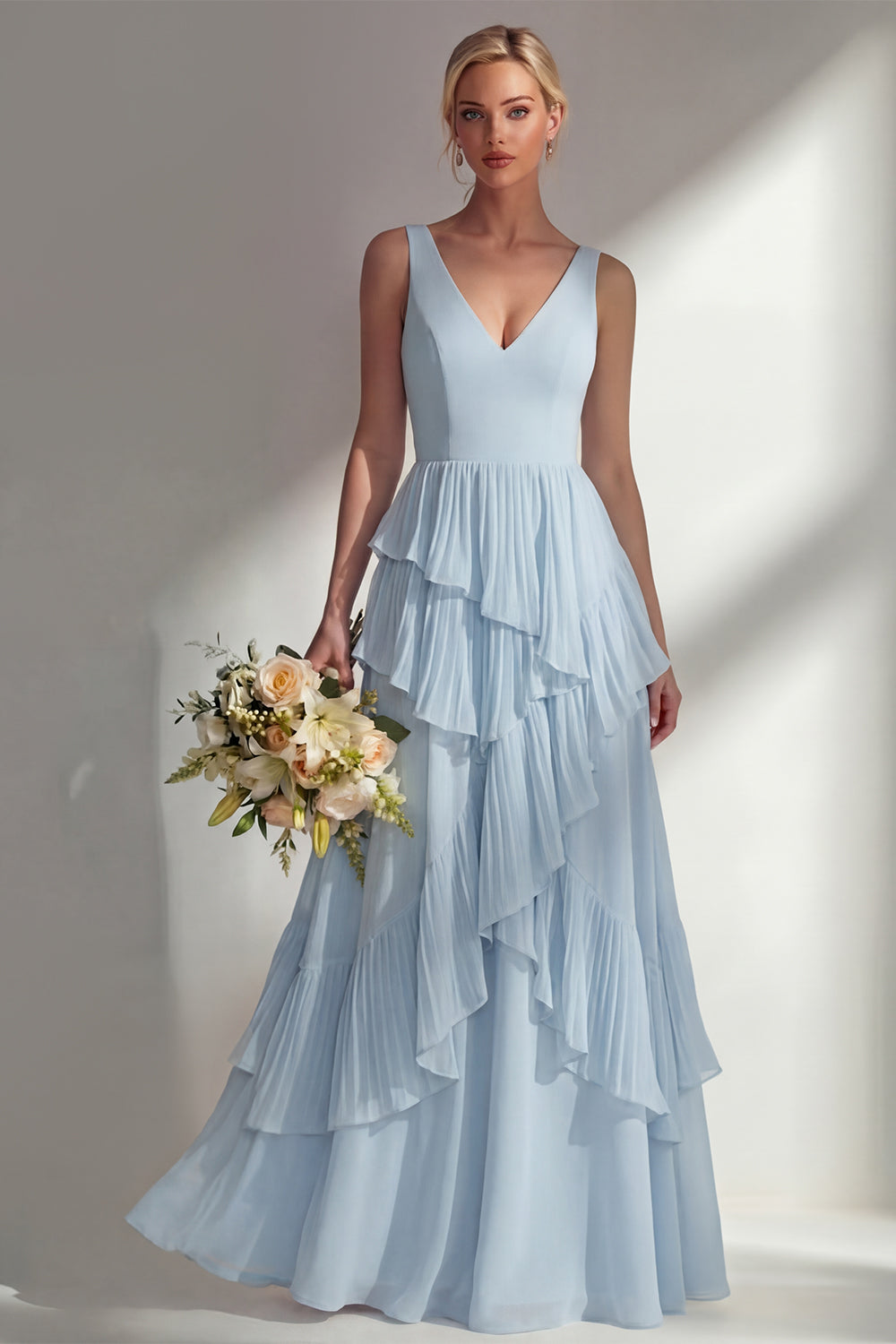 Sea Glass V Neck Ruffled Sleeveless Long Bridesmaid Dress
