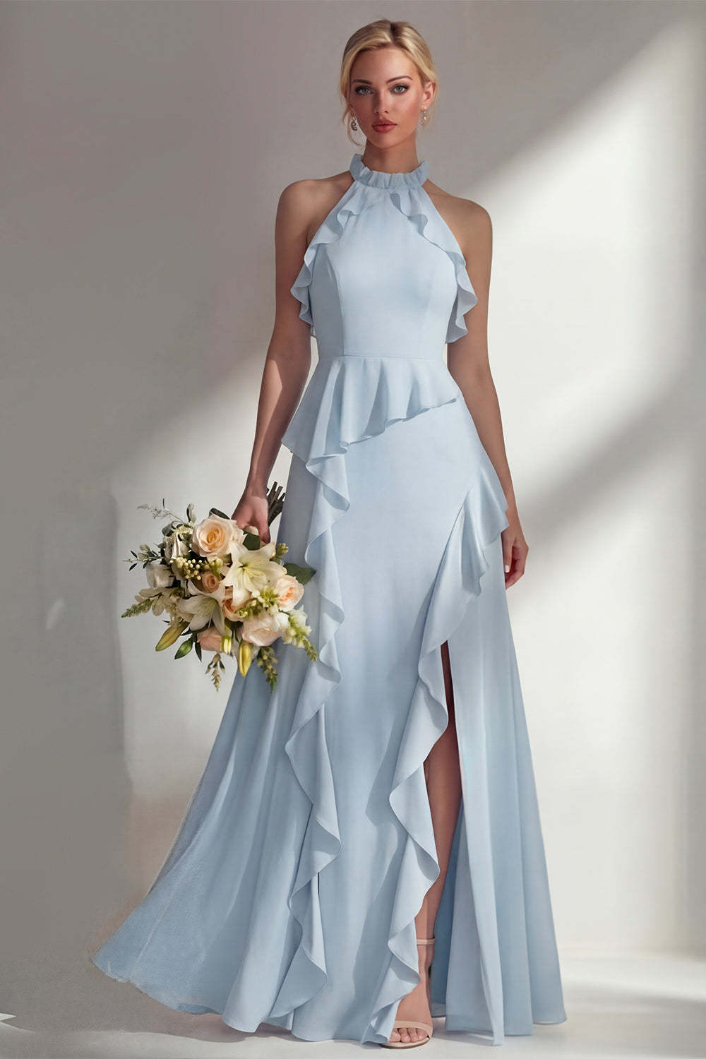 Butter Yellow Ruffled Halter Neck A Line Long Bridesmaid Dress with Slit