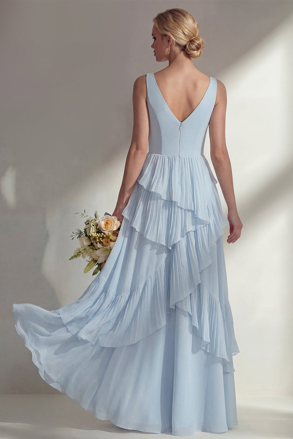 Sea Glass V Neck Ruffled Sleeveless Long Bridesmaid Dress