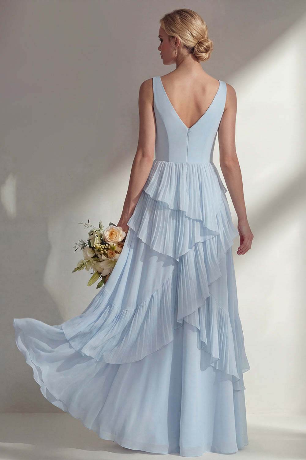 Sea Glass V Neck Ruffled Sleeveless Long Bridesmaid Dress