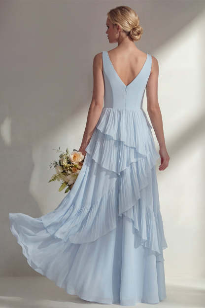 Sea Glass V Neck Ruffled Sleeveless Long Bridesmaid Dress