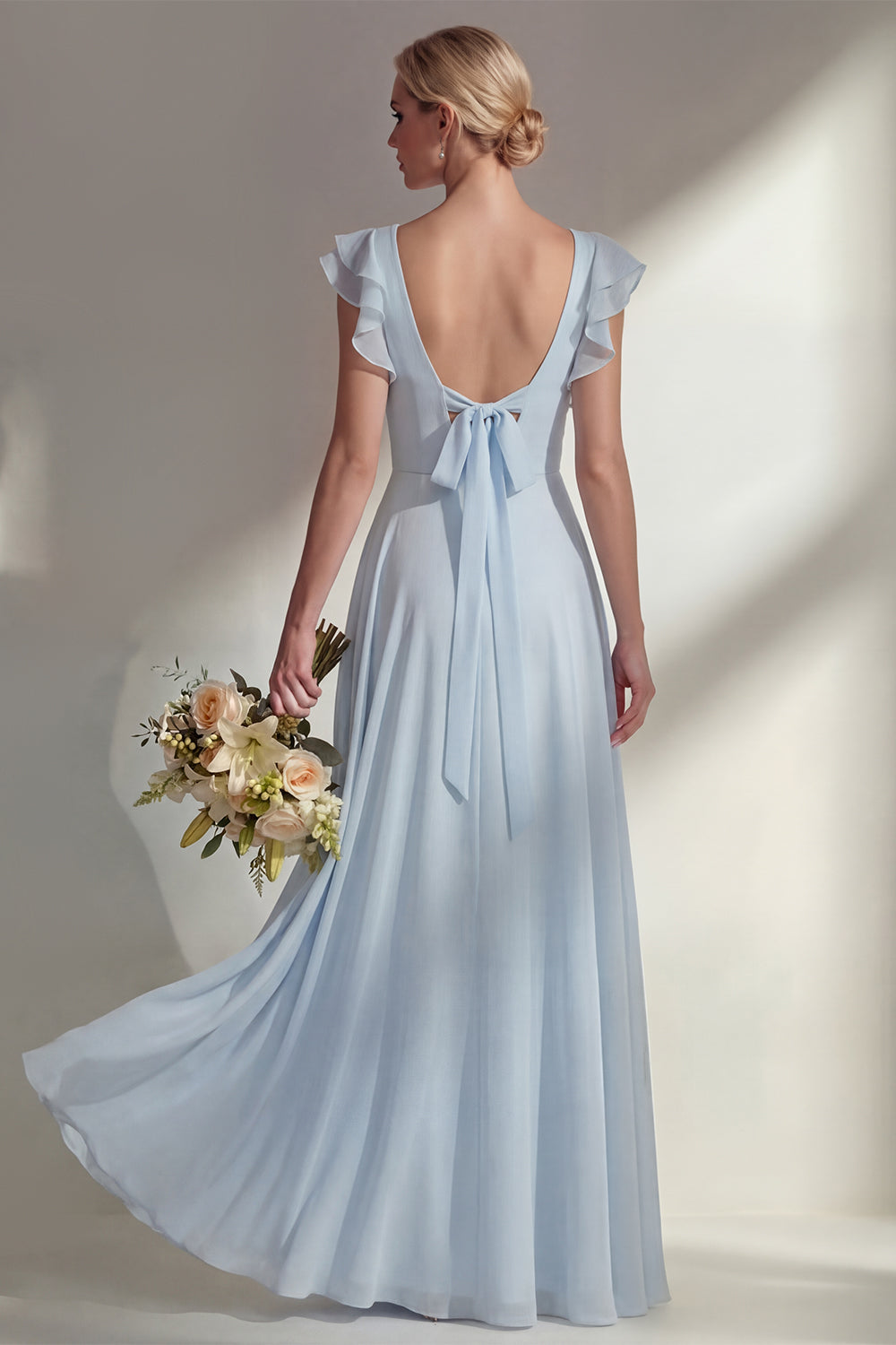 A Line Round Neck Ruffled Dusty Blue Long Bridesmaid Dress