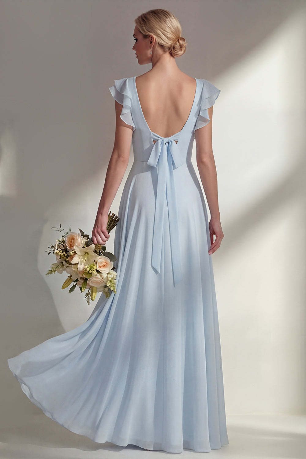 A Line Round Neck Ruffled Dusty Blue Long Bridesmaid Dress