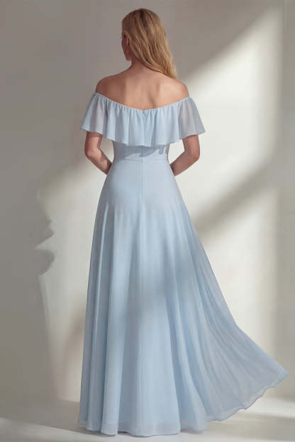 A Line Burgundy Ruffed Off the Shoulder Long Bridesmaid Dress with Slit