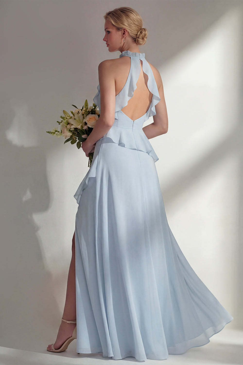 Butter Yellow Ruffled Halter Neck A Line Long Bridesmaid Dress with Slit