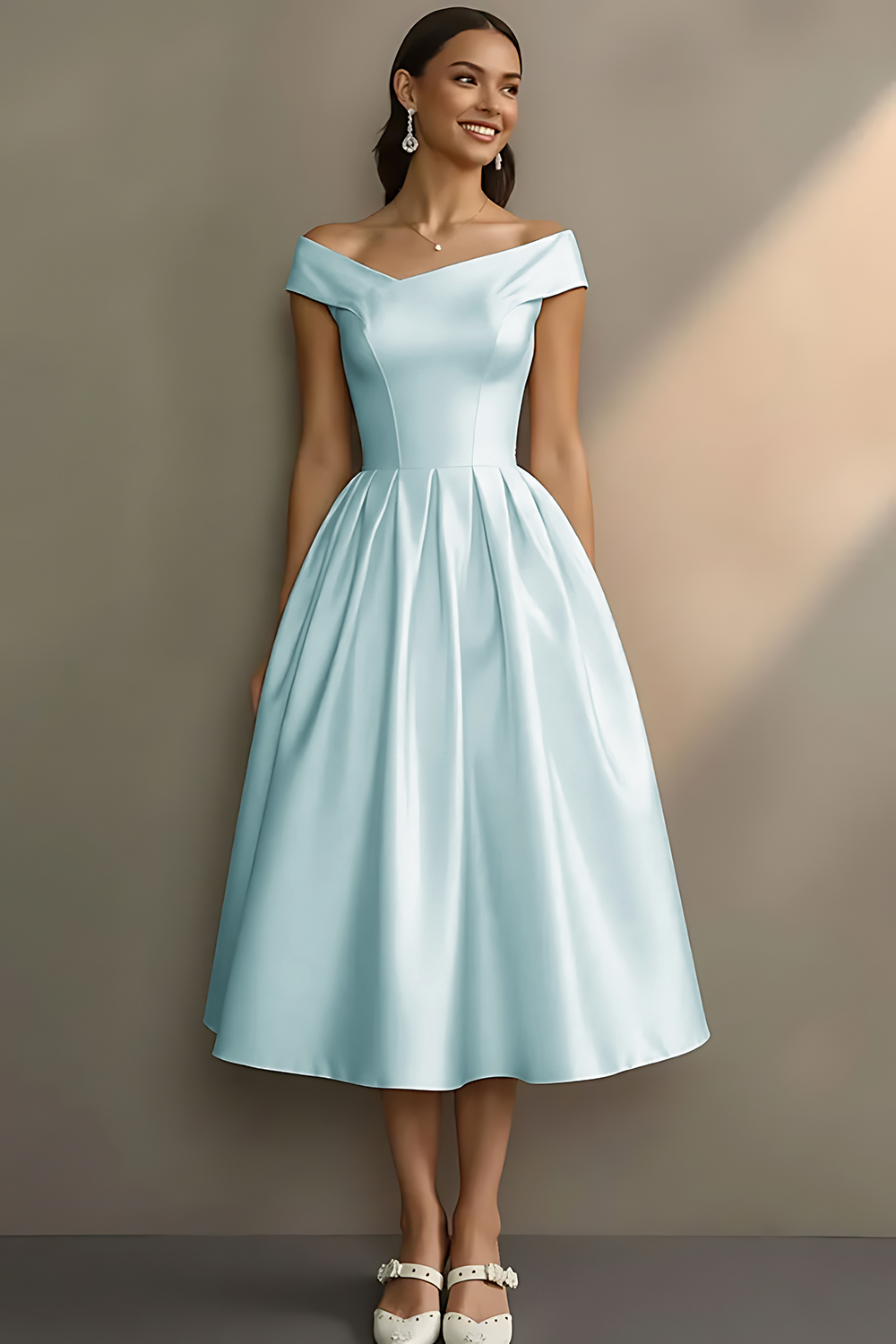 Simple White Off the Shoulder A Line Midi Engagement Dress