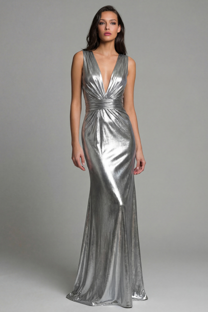 Gold Mermaid Deep V-Neck Metallic Long Formal Dress
