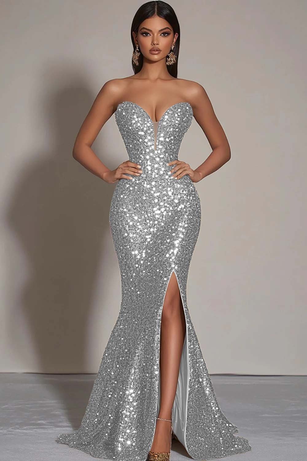 Sparkly Strapless Gold Mermaid Sequined Formal Dress with Slit