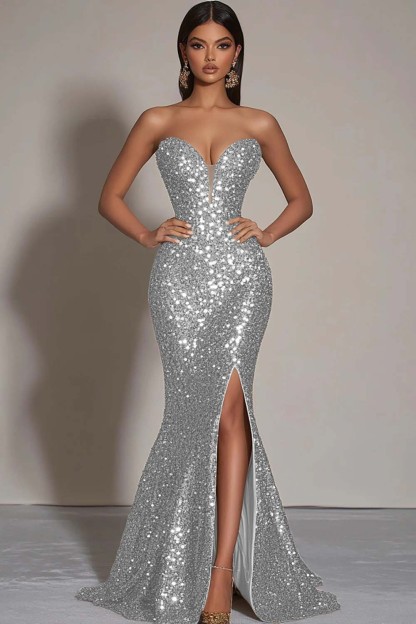 Sparkly Strapless Gold Mermaid Sequined Formal Dress with Slit