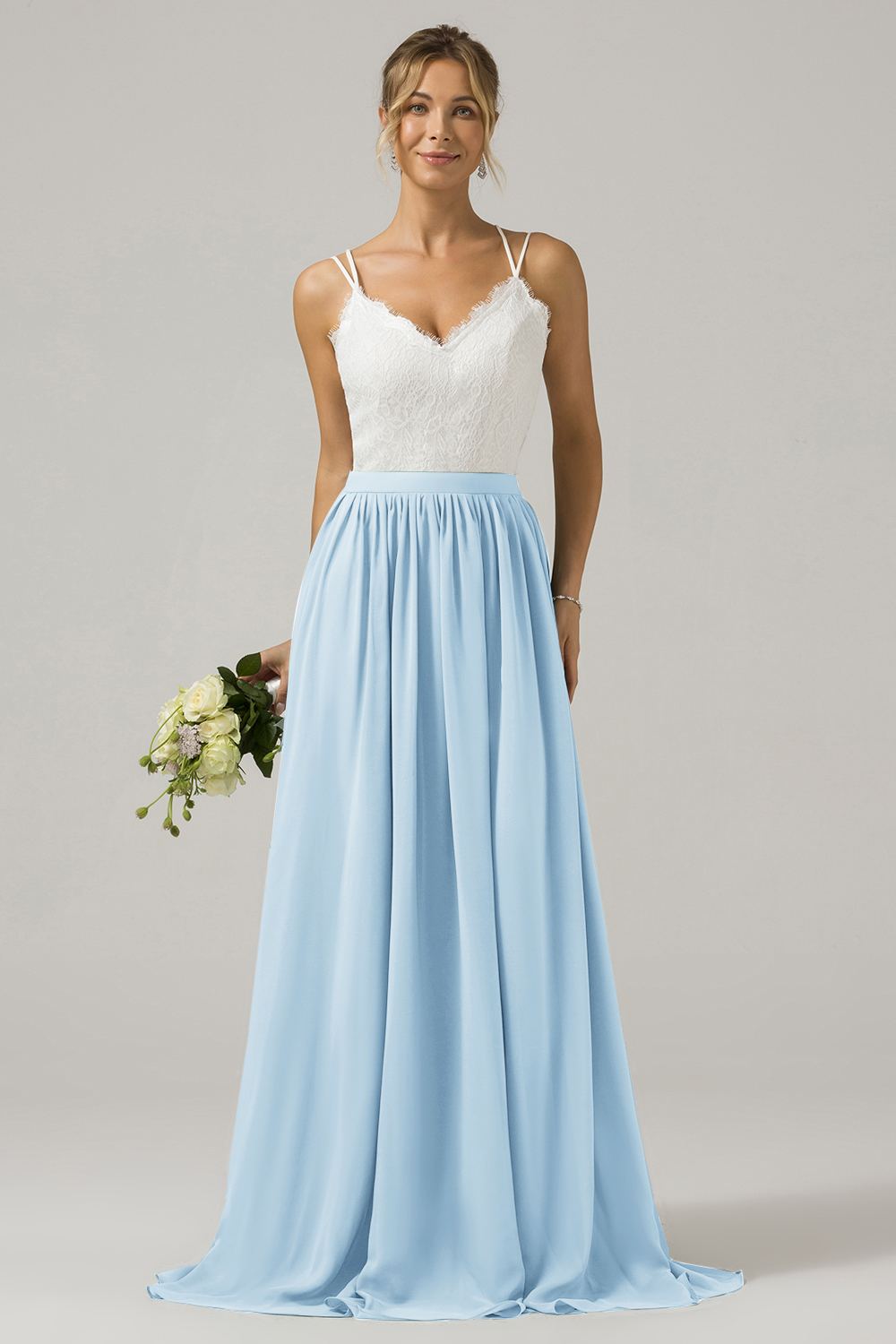 Eucalyptus A-Line Spaghetti Straps Pleated Long Bridesmaid Dress With Lace