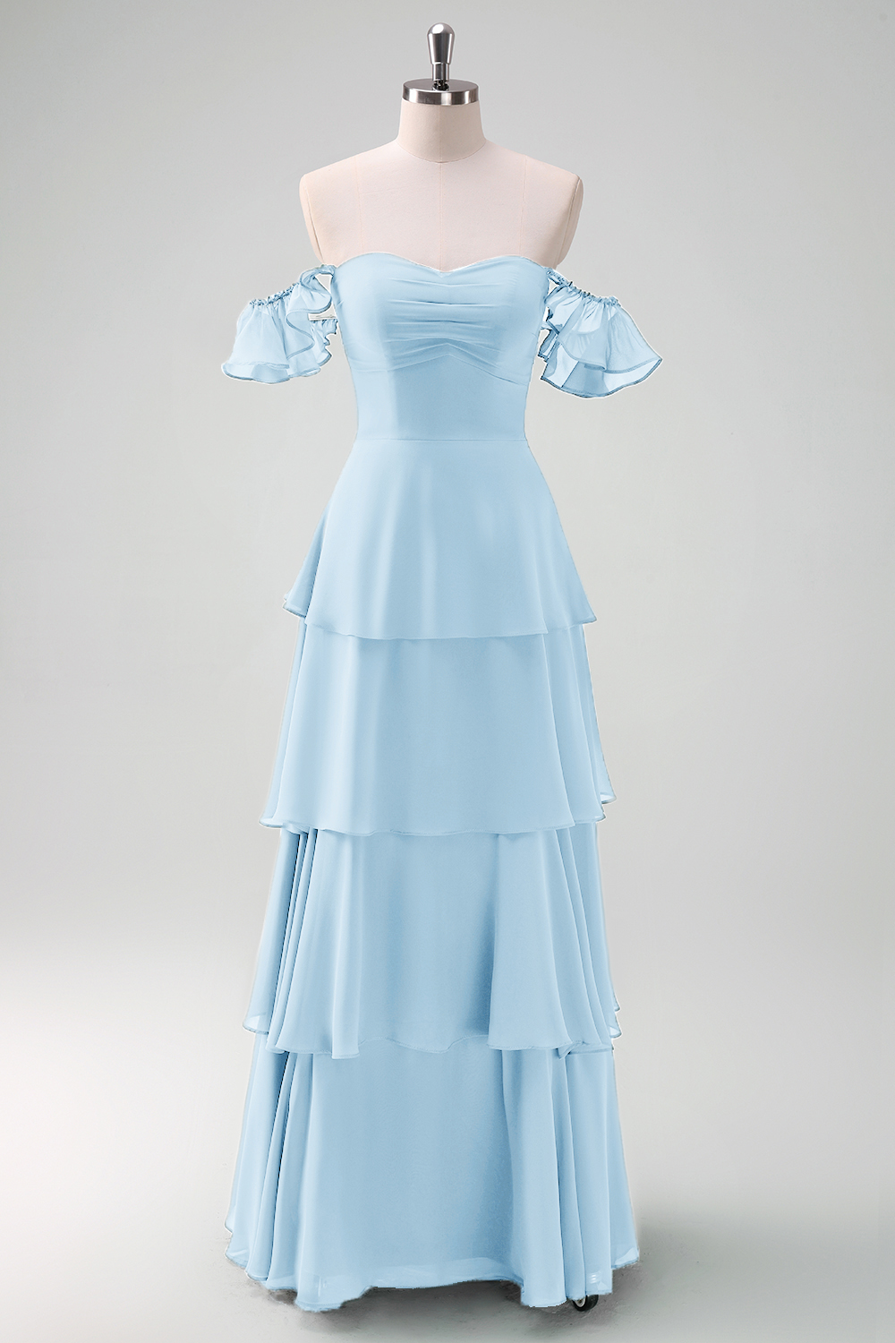 Eucalyptus Off the Shoulder Tiered Chiffon Bridesmaid Dress