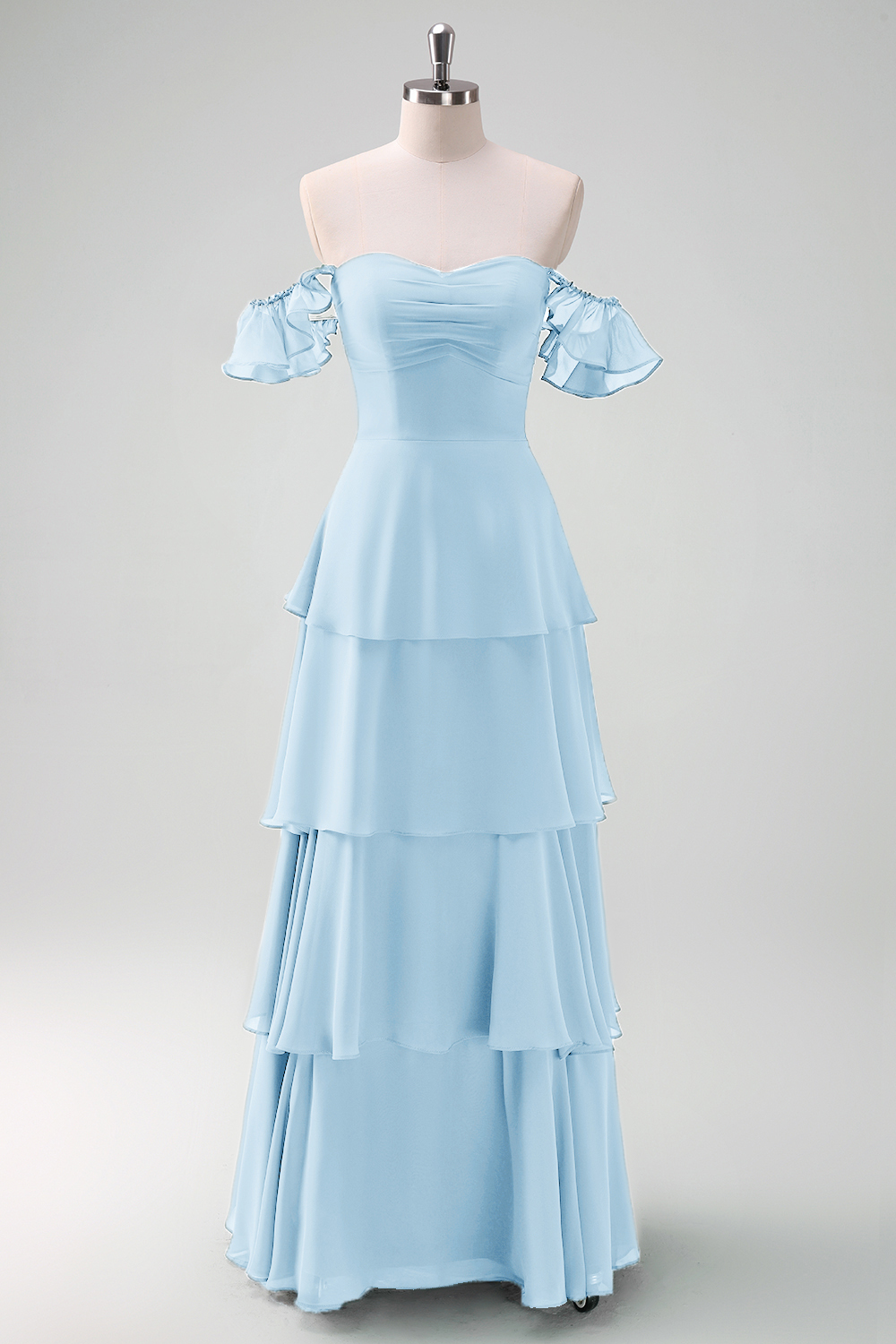 Eucalyptus Off the Shoulder Tiered Chiffon Bridesmaid Dress