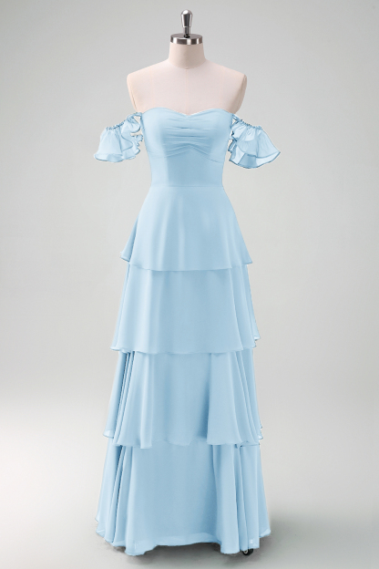 Eucalyptus Off the Shoulder Tiered Chiffon Bridesmaid Dress