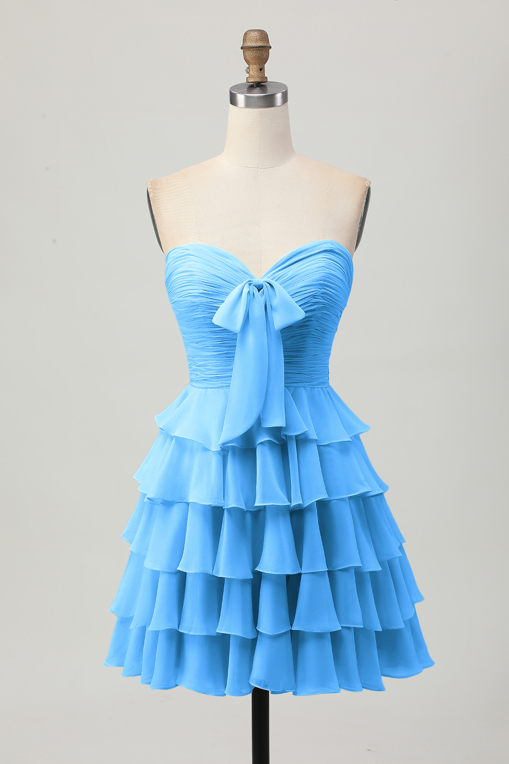 Short Light Yellow Sweetheart Ruffled A Line Tiered Homecoming Dress with Bow