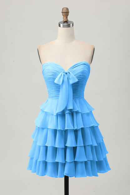 Short Light Yellow Sweetheart Ruffled A Line Tiered Homecoming Dress with Bow
