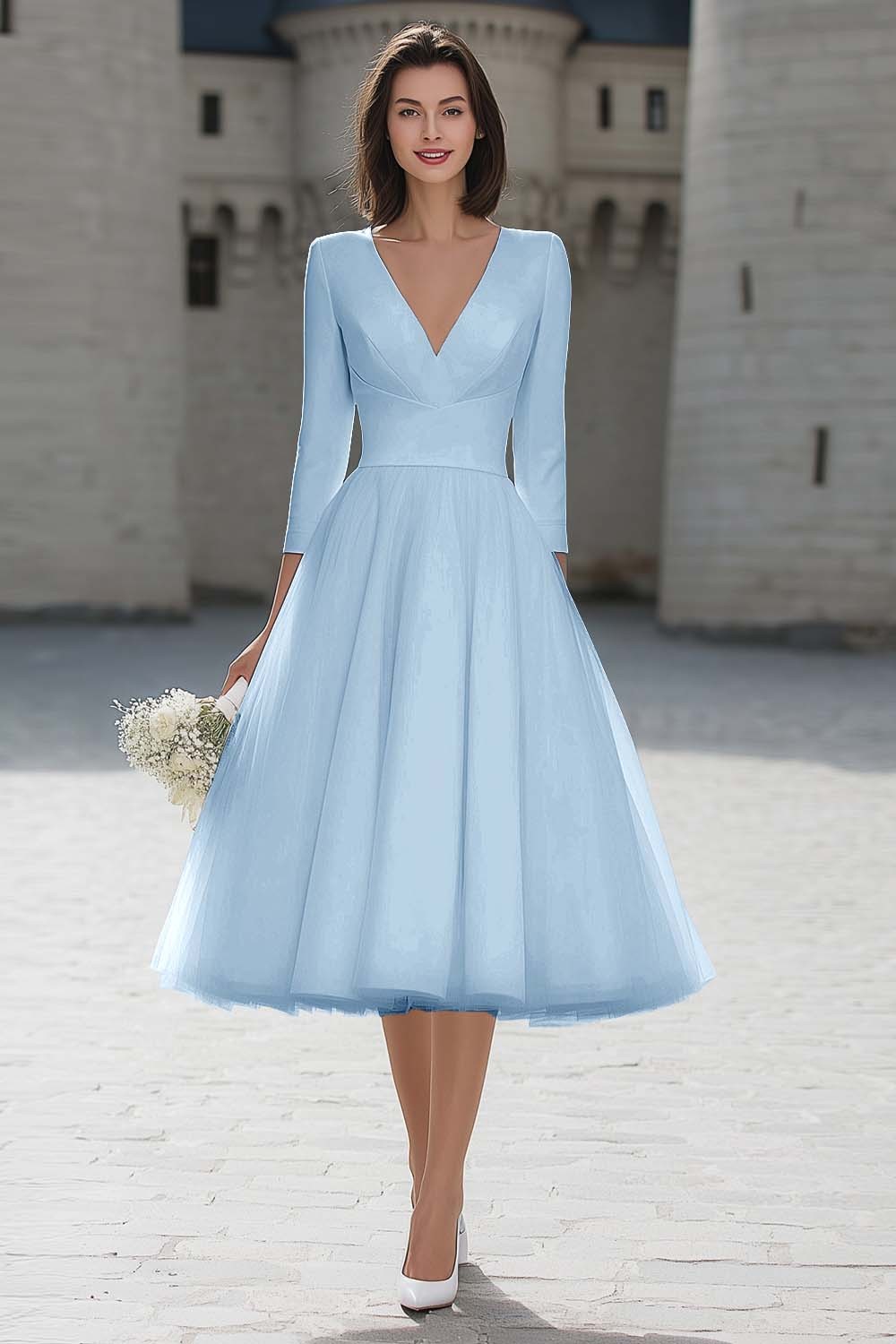 Ivory V-Neck A Line Midi Simple Wedding Dress with Sleeves