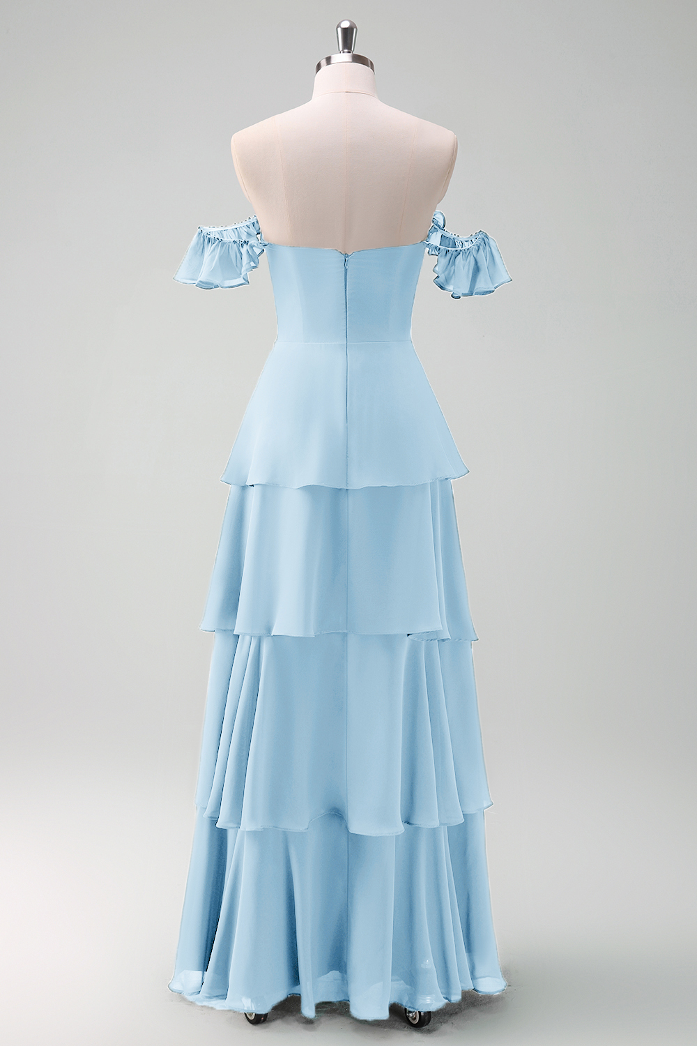 Eucalyptus Off the Shoulder Tiered Chiffon Bridesmaid Dress