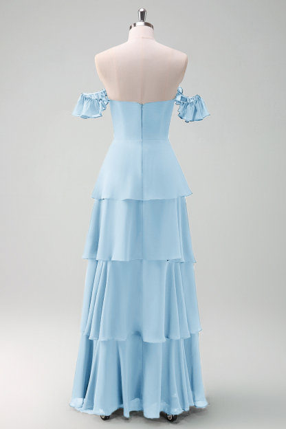 Eucalyptus Off the Shoulder Tiered Chiffon Bridesmaid Dress