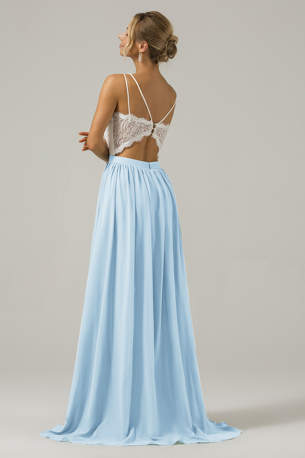 Eucalyptus A-Line Spaghetti Straps Pleated Long Bridesmaid Dress With Lace