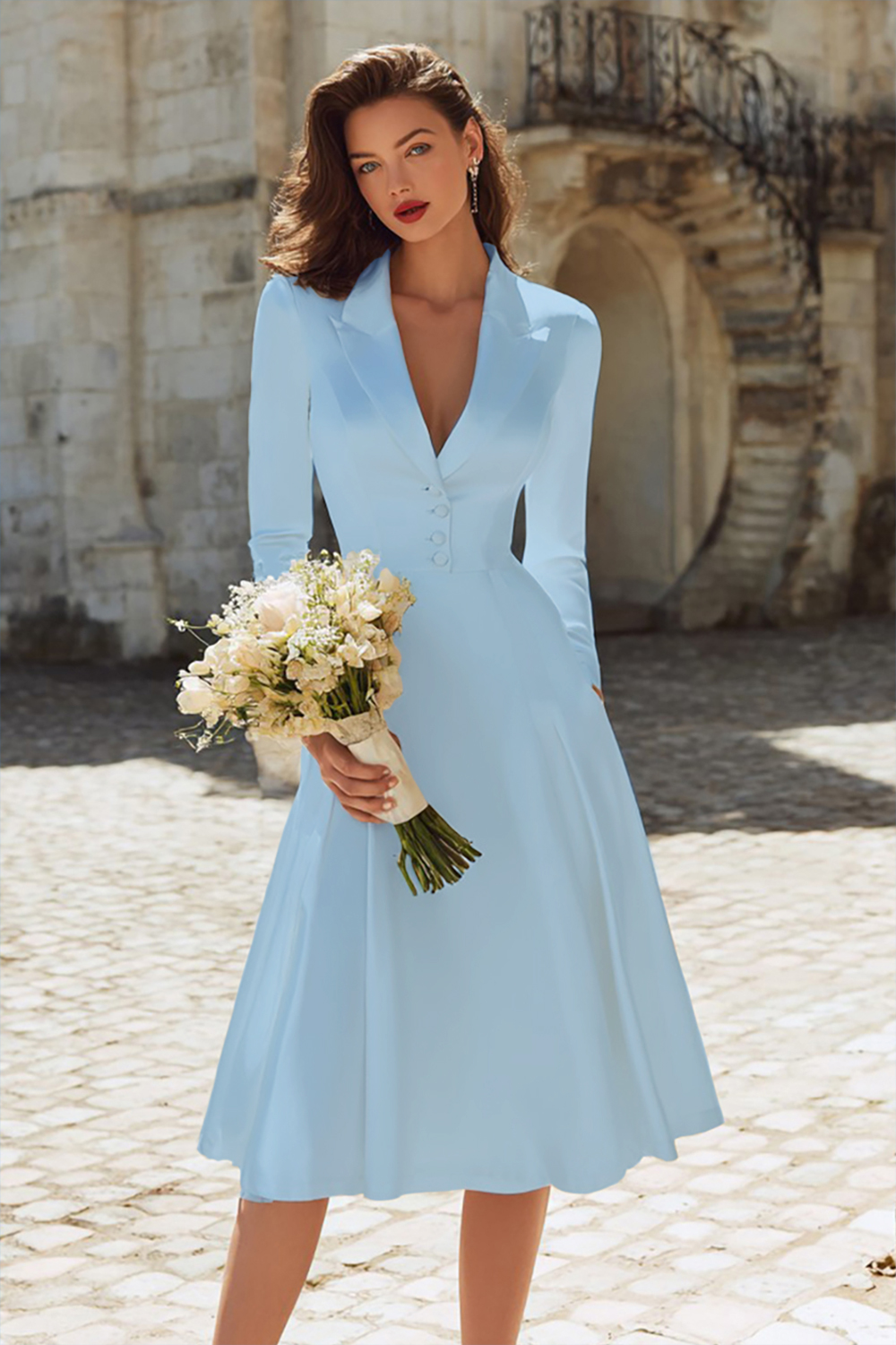 Leely Ivory Satin Peak Lapel Midi Engagement Blazer Dress with Sleeves A Line Bridal Dress with Buttons