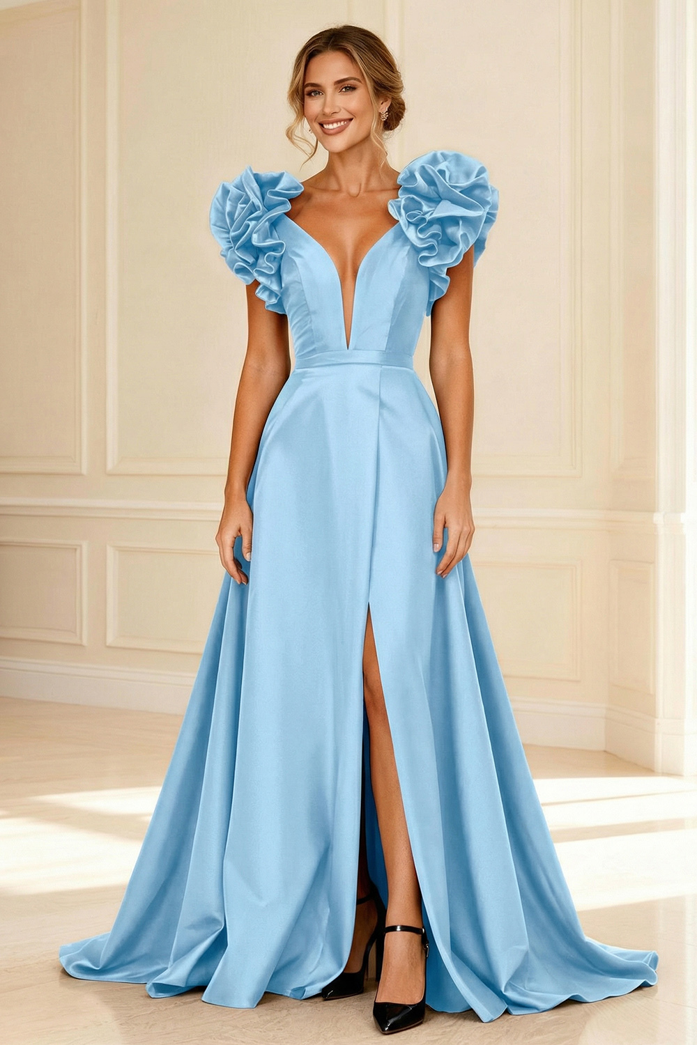 Black Deep V-Neck Ruffled Long Mother of the Bride Dress with Slit