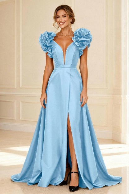 Black Deep V-Neck Ruffled Long Mother of the Bride Dress with Slit