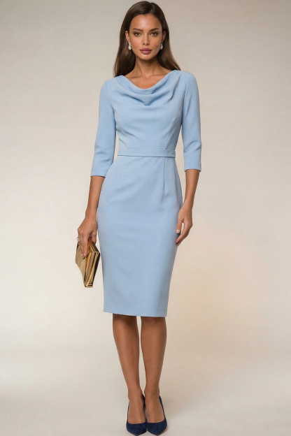 Navy Bodycon Cowl Neck Long Sleeves Midi Work Dress