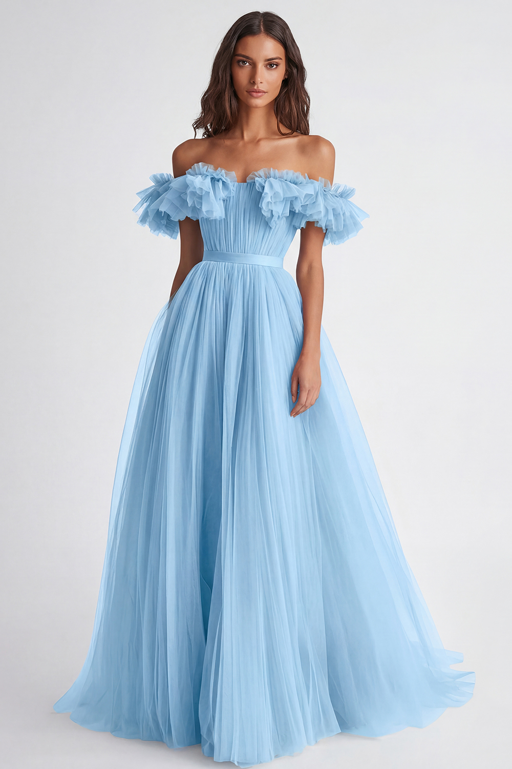 Dusty Sage A Line Tulle Long Wedding Guest Dress with Ruffles