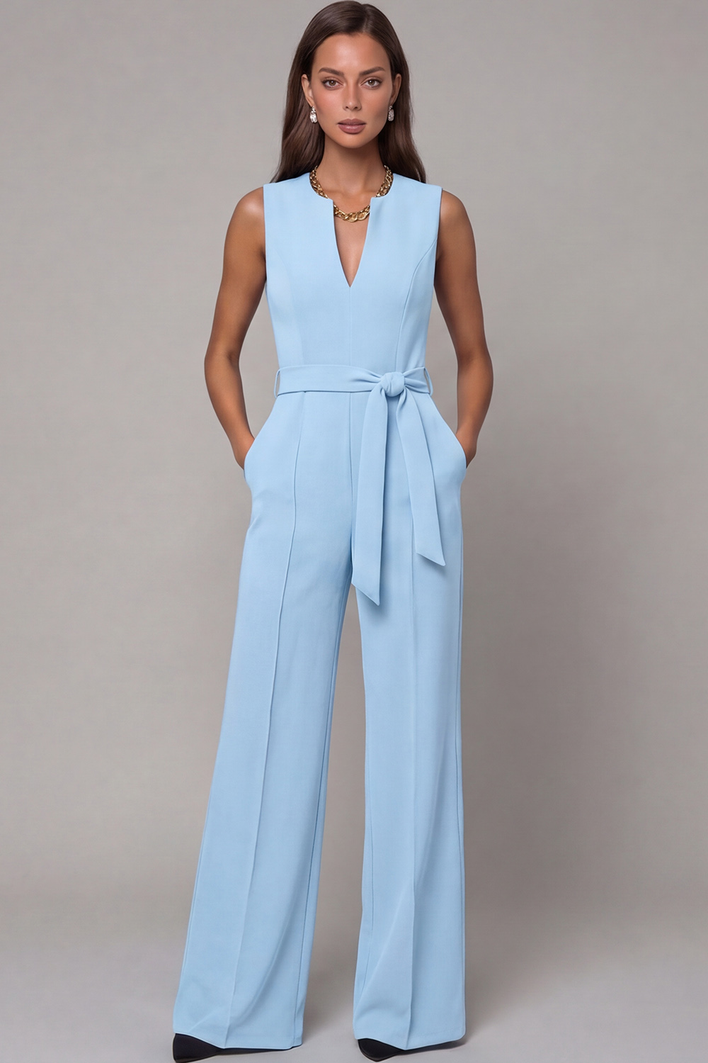 Navy V Neck Sleeveless Long Work Jumpsuit with Pockets