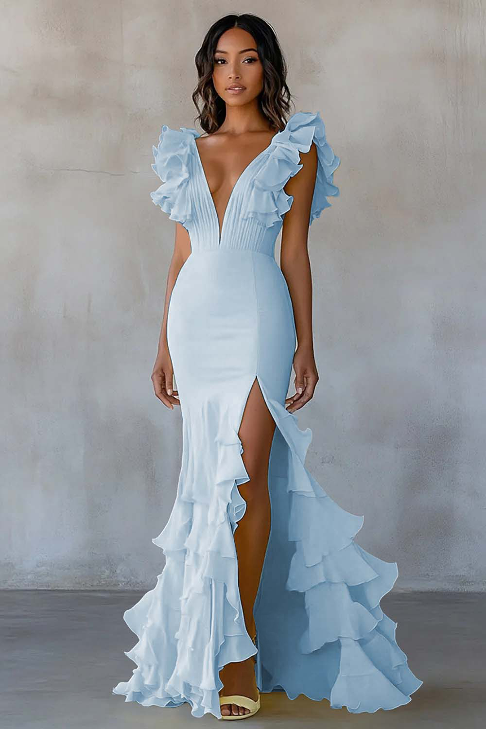 Yellow Chiffon V Neck Mermaid Ruffled Maxi Formal Dress with Slit