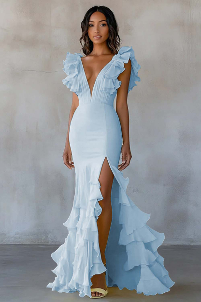 Yellow Chiffon V Neck Mermaid Ruffled Maxi Formal Dress with Slit