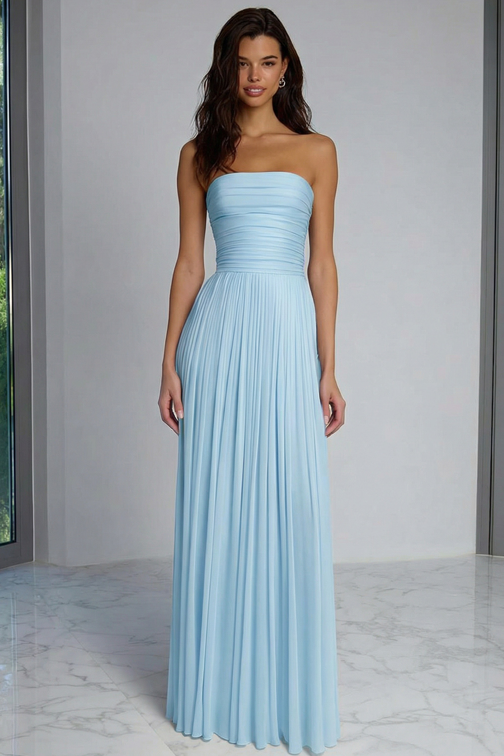 Champagne Pleated Sheath Strapless Long Bridesmaid Dress