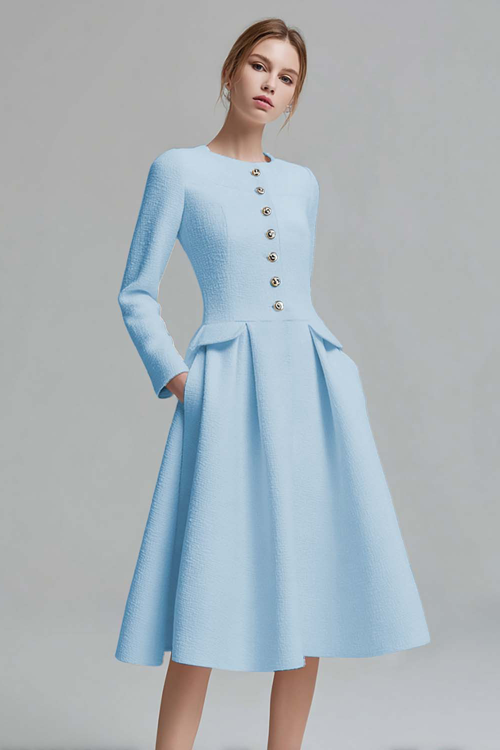 Leely Women Ivory Homecoming Midi Pageant Interview Dress A Line Round Neck Long Sleeves Work Dress with Pockets