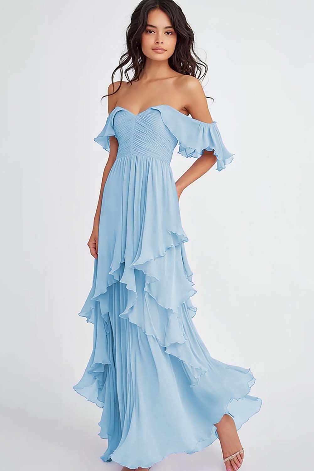 Lilac Off the Shoulder Ruffled Flowy A Line Long Formal Dress