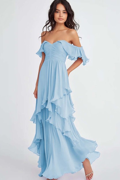Lilac Off the Shoulder Ruffled Flowy A Line Long Formal Dress