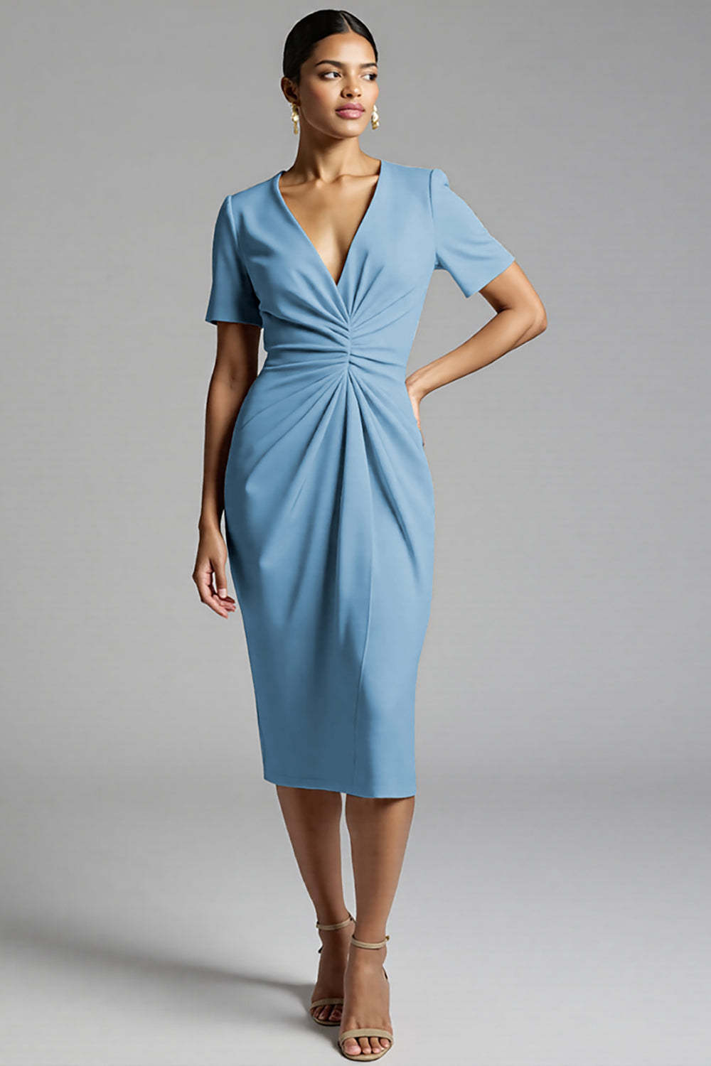 Tahiti V-Neck Bodycon Midi Satin Work Dress with Sleeves