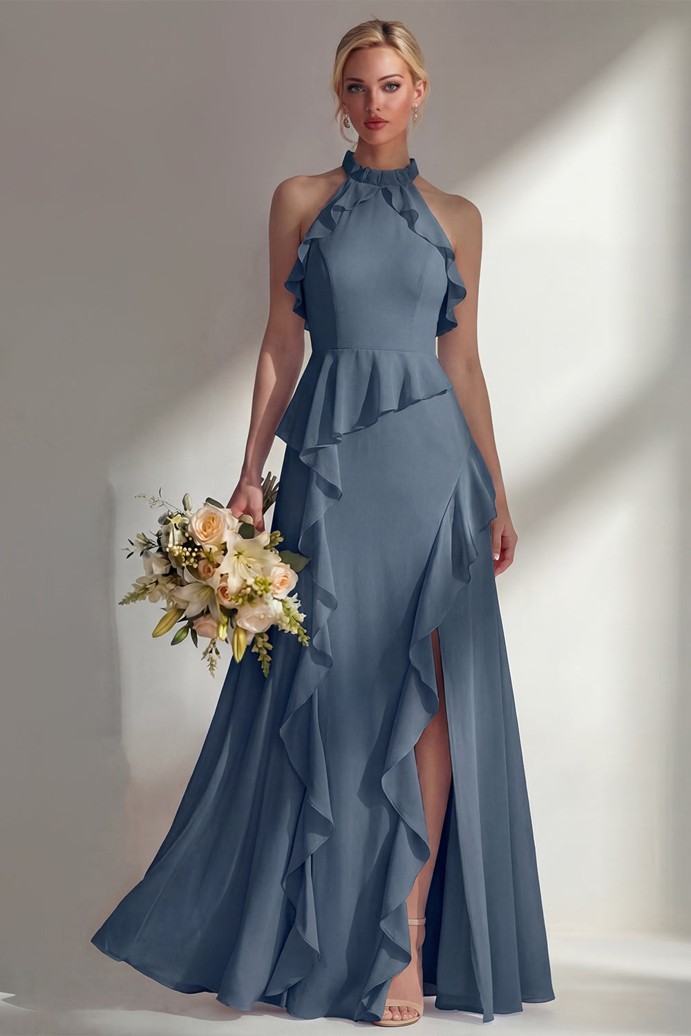 Leely Women Butter Yellow Ruffled Halter Neck A Line Long Bridesmaid Dress with Slit Backless Sleeveless Wedding Guest Dress