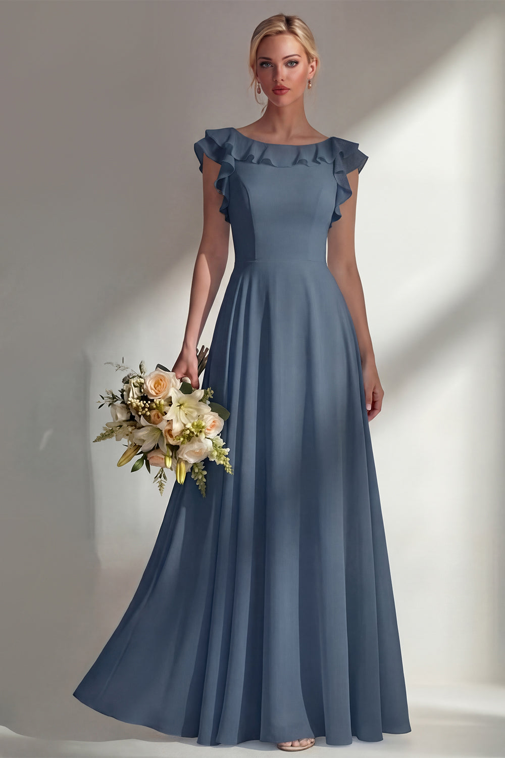 A Line Round Neck Ruffled Dusty Blue Long Bridesmaid Dress