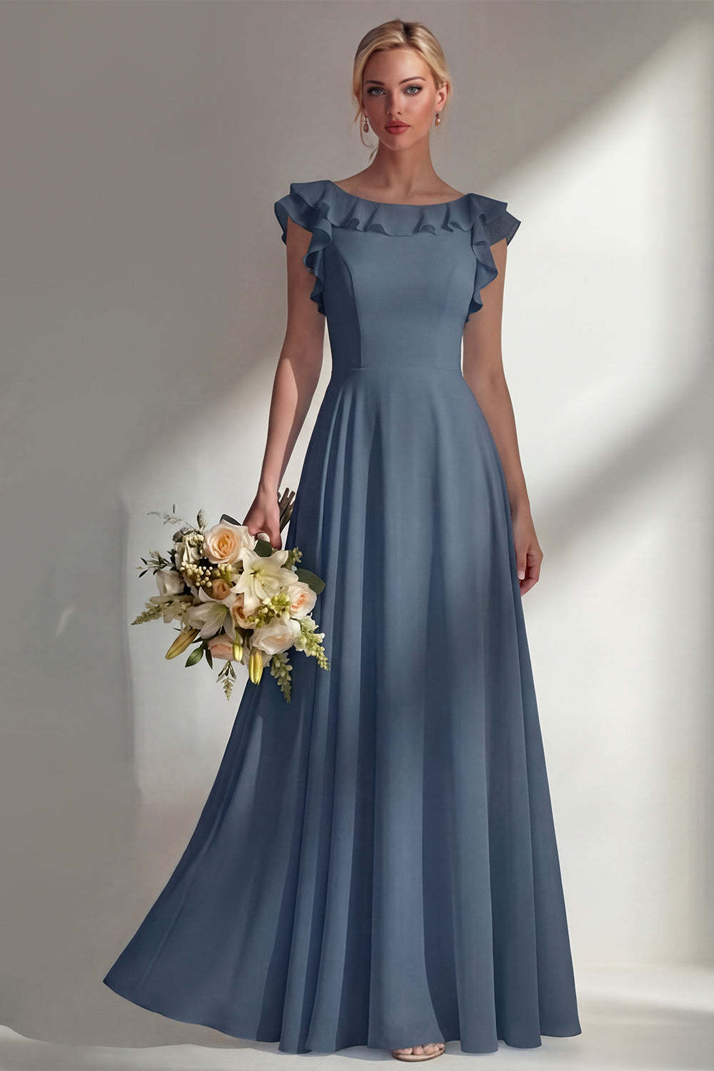 A Line Round Neck Ruffled Dusty Blue Long Bridesmaid Dress