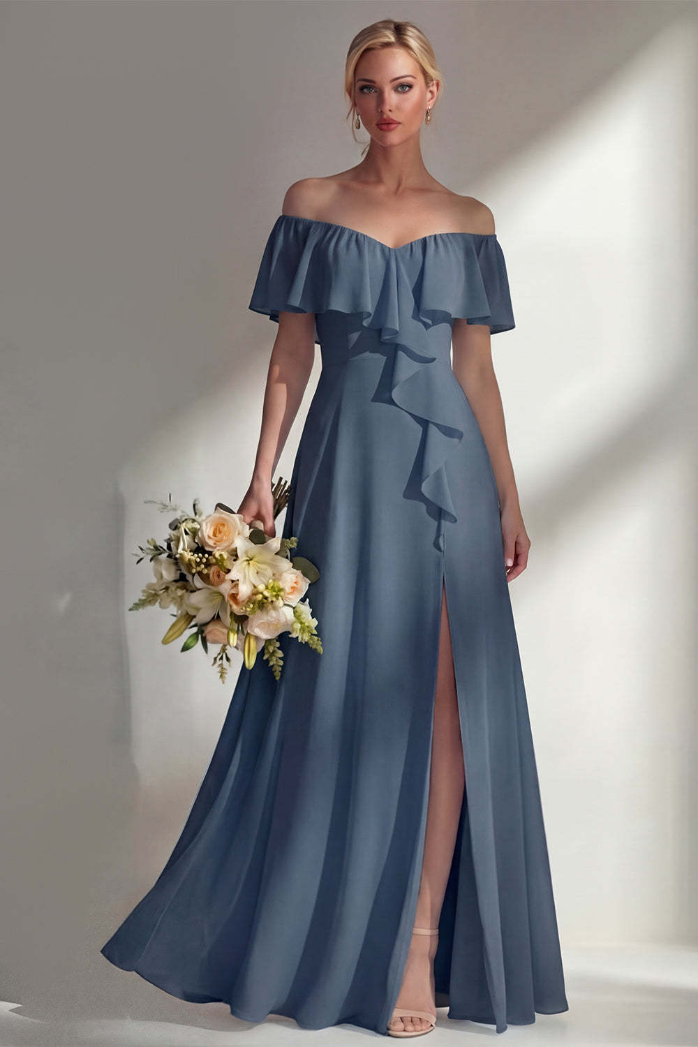 A Line Burgundy Ruffed Off the Shoulder Long Bridesmaid Dress with Slit