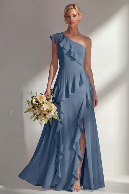 Emerald A Line Ruffled One Shoulder Long Bridesmaid Dress with Slit