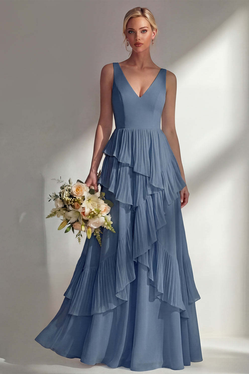 Sea Glass V Neck Ruffled Sleeveless Long Bridesmaid Dress
