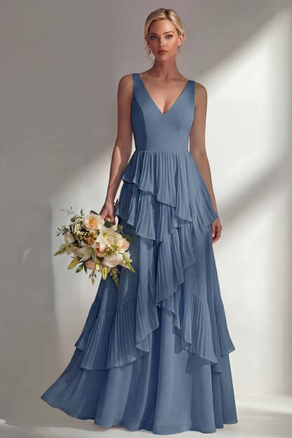 Sea Glass V Neck Ruffled Sleeveless Long Bridesmaid Dress