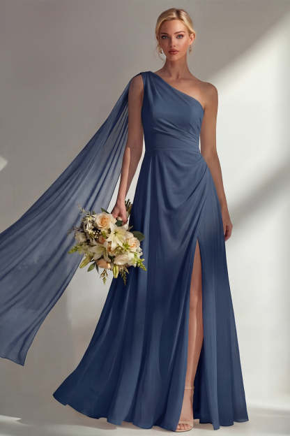 Burgundy One Shoulder Backless Ruched Long Bridesmaid Dress with Slit