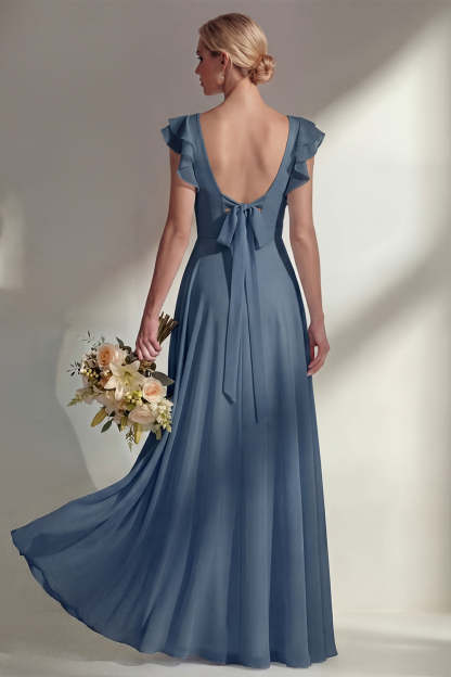 A Line Round Neck Ruffled Dusty Blue Long Bridesmaid Dress